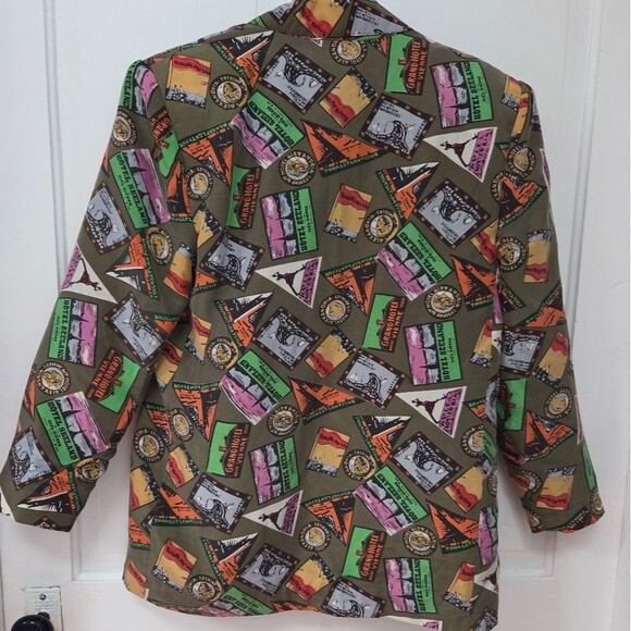 Vintage 90s Carol Horn Workshop Silk Travel Print Blazer 8 - Picture 3 of 10